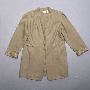 Chicos Linen Jacket Duster Women Size Medium 1 Cuffed Sleeves Beige Welt Pockets